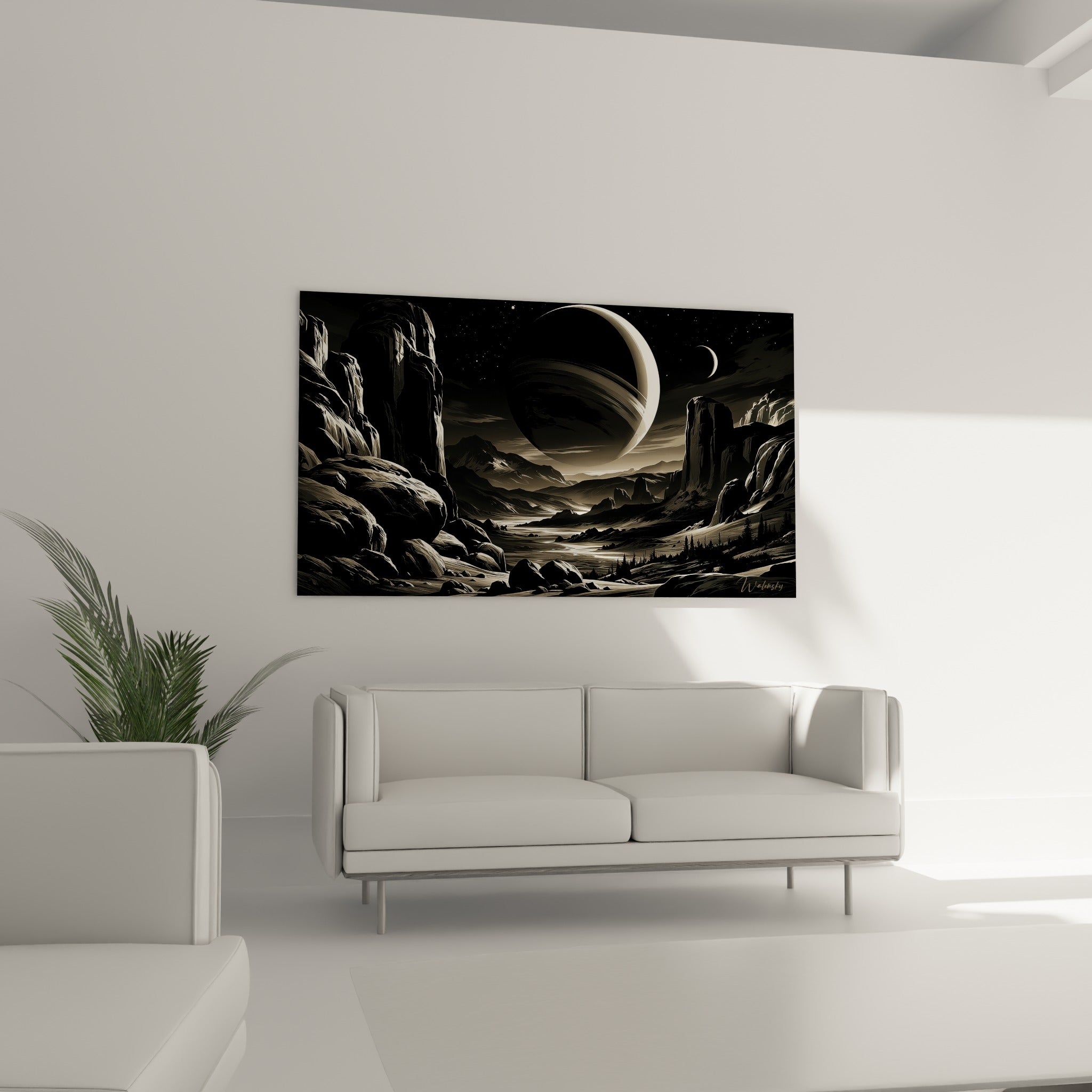 Canyon minéral noir et blanc sous ciel étoilé, au-dessus d'un canapé dans un salon lumineux