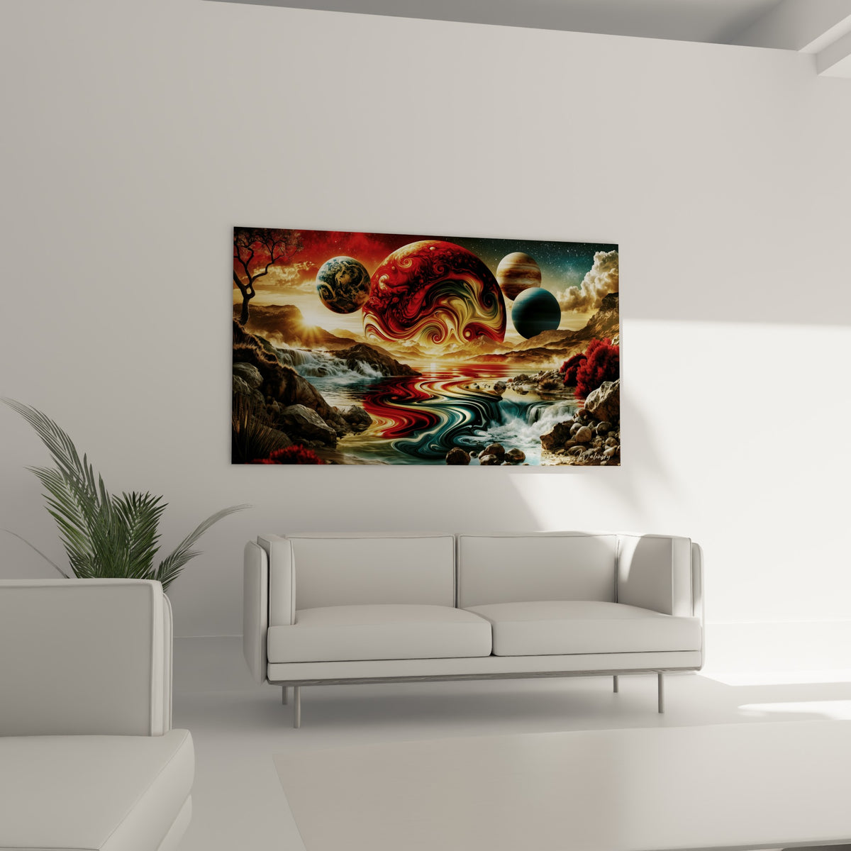 Rivière rouge et turquoise sinueuse sous des planètes dorées, au-dessus d'un canapé dans un salon lumineux