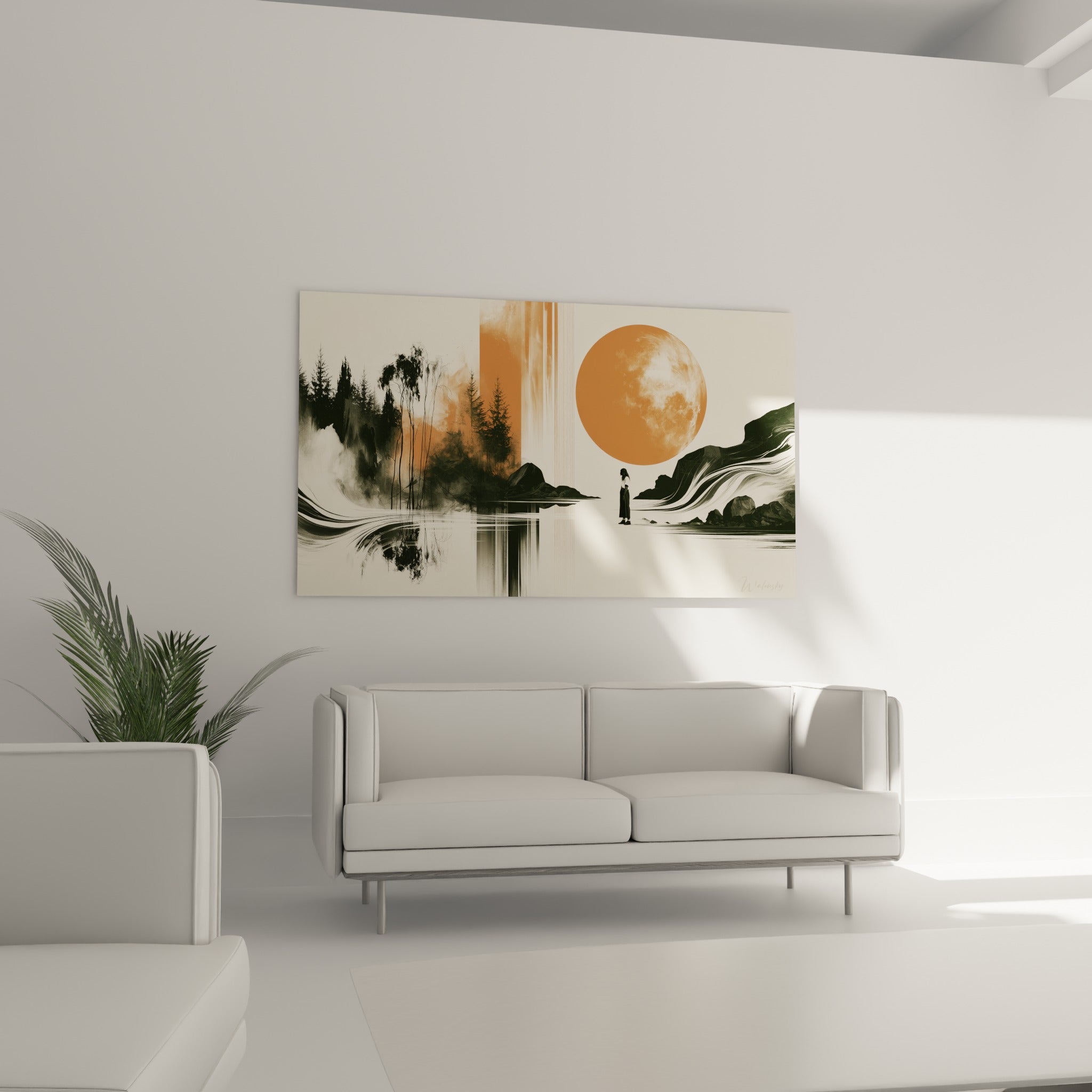 Lune orange et forêt noire encrée entourant une figure isolée, au-dessus d'un canapé dans un salon lumineux.