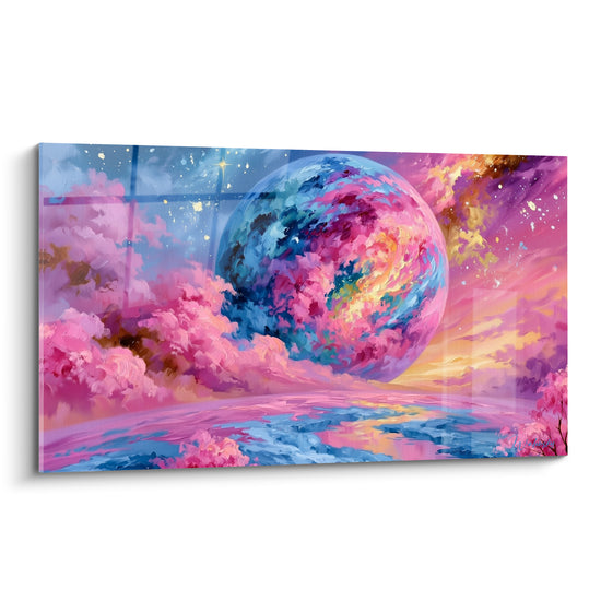 Planète aux nuances rose et bleu marine peinte en pleine toile, empâtements vibrants et lumineux