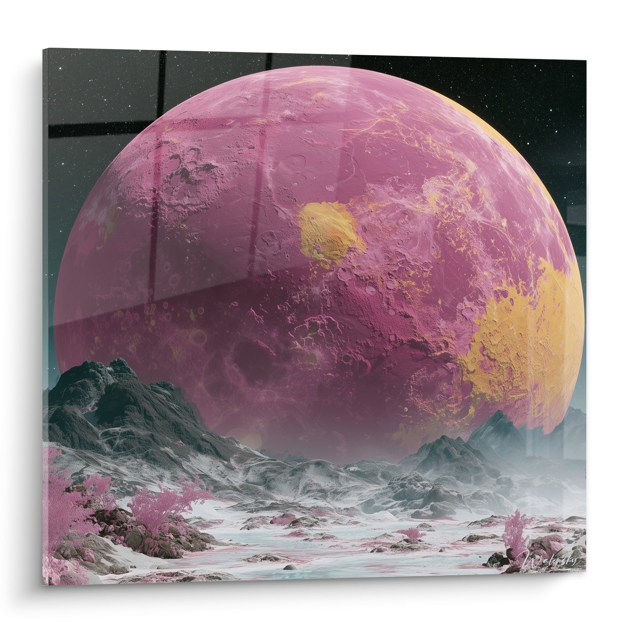 Planète rose et dorée aux cratères marqués, dominant un ciel étoilé anthracite
