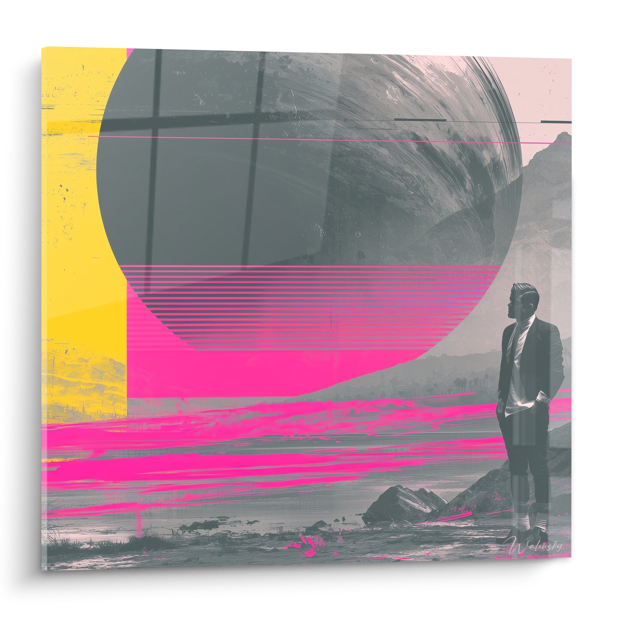 Planète anthracite et rose fuchsia surplombant une silhouette solitaire face à un rivage gris