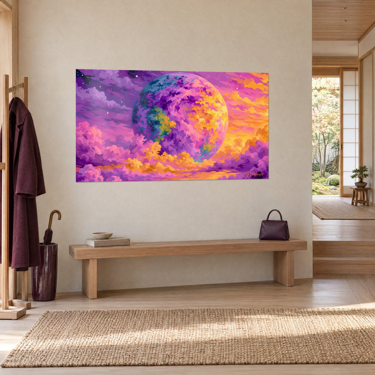 Tableau planète aux continents turquoise et jaune, nuages roses sur fond pourpre, accroché au-dessus d'un banc en bois clair