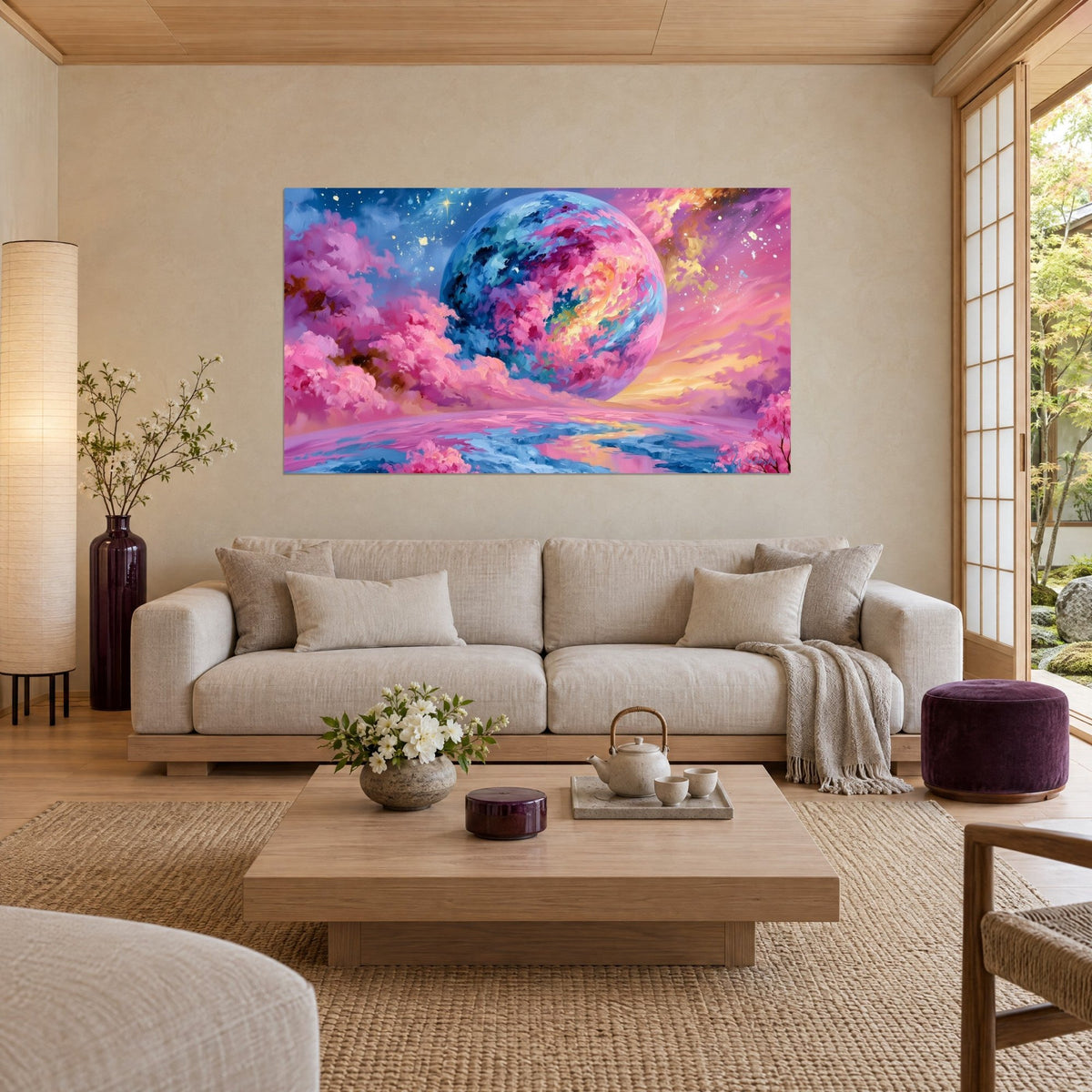 Tableau planète géante rose et bleue, nuées cotonneuses fuchsia et eau turquoise, étoile scintillante, au-dessus d'un canapé dans un salon lumineux