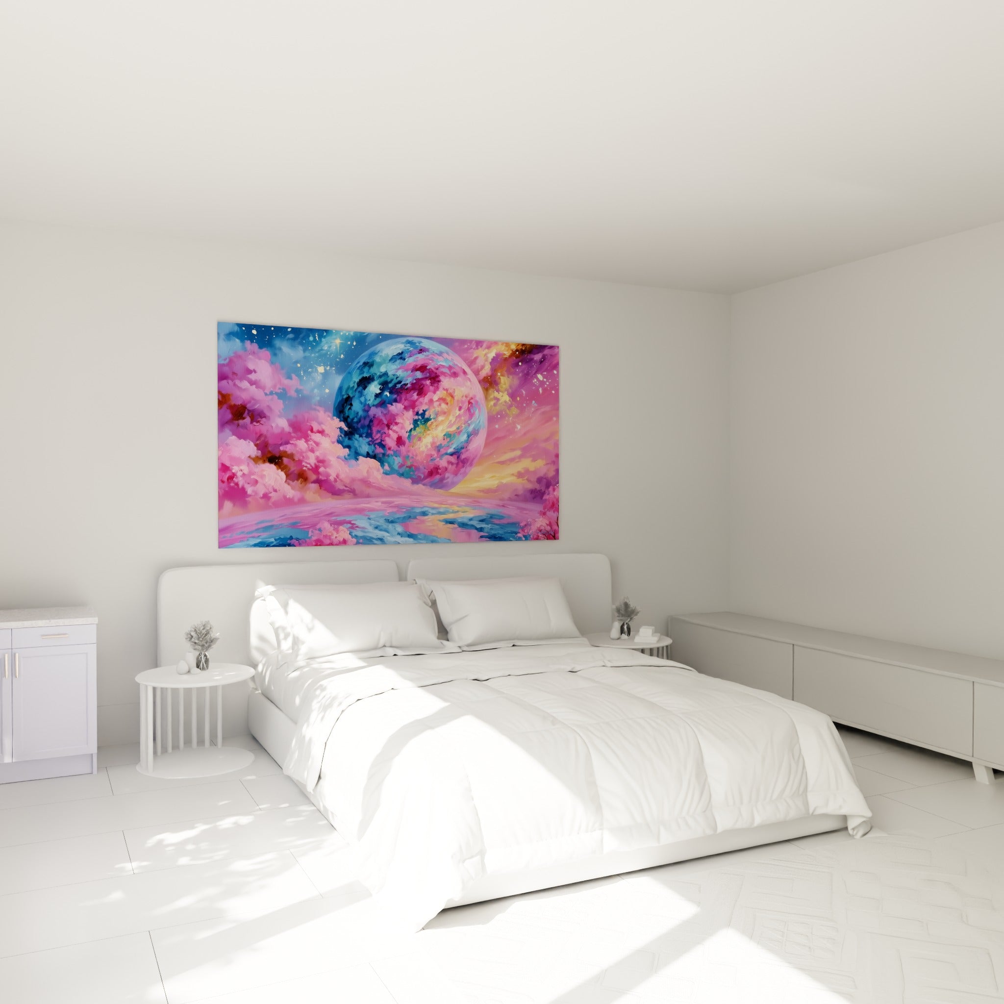 Sphère céleste rose fuchsia et bleu nuit accrochée au-dessus d'un lit dans une chambre claire