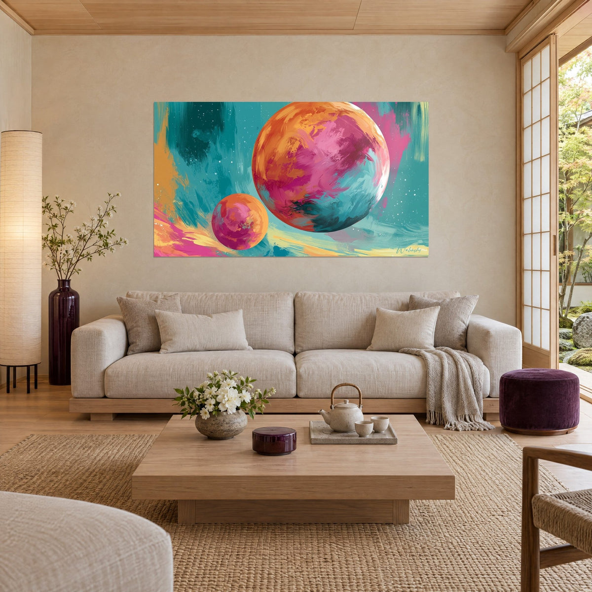 Gemälde Planetenkugel in Magenta und Orange mit türkisfarbenen Streifen, daneben ein kleiner Mond, über einem Sofa in einem hellen Wohnzimmer