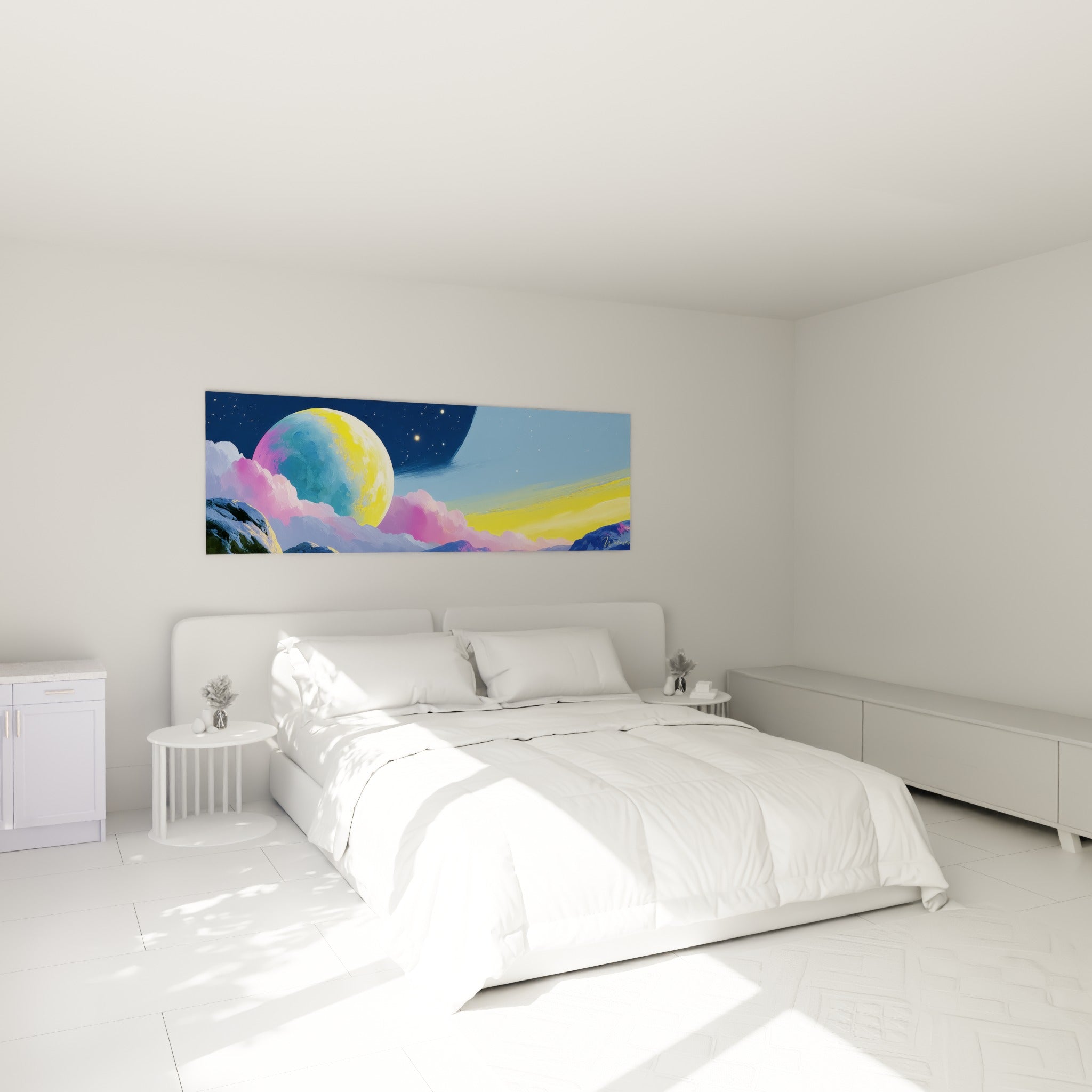Lune jaune et rose émergeant de nuages pastel, accrochée au-dessus d'un lit dans une chambre claire.