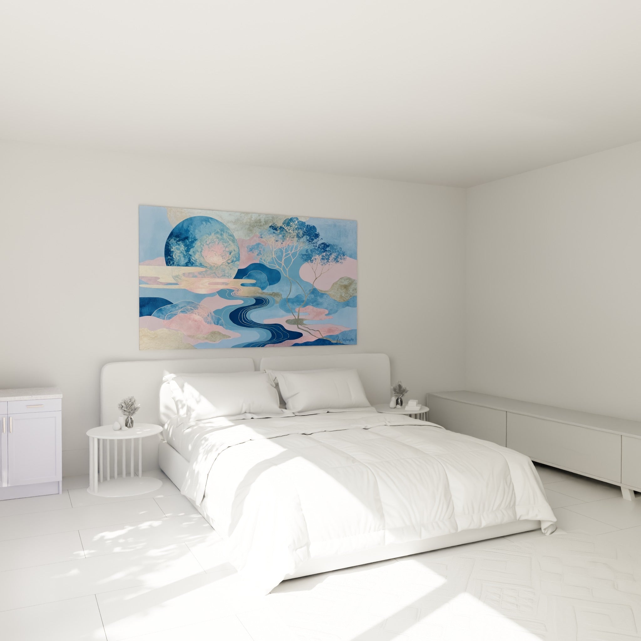 Rivière dorée et astre bleu marine du tableau Planète au-dessus d'un lit dans une chambre claire