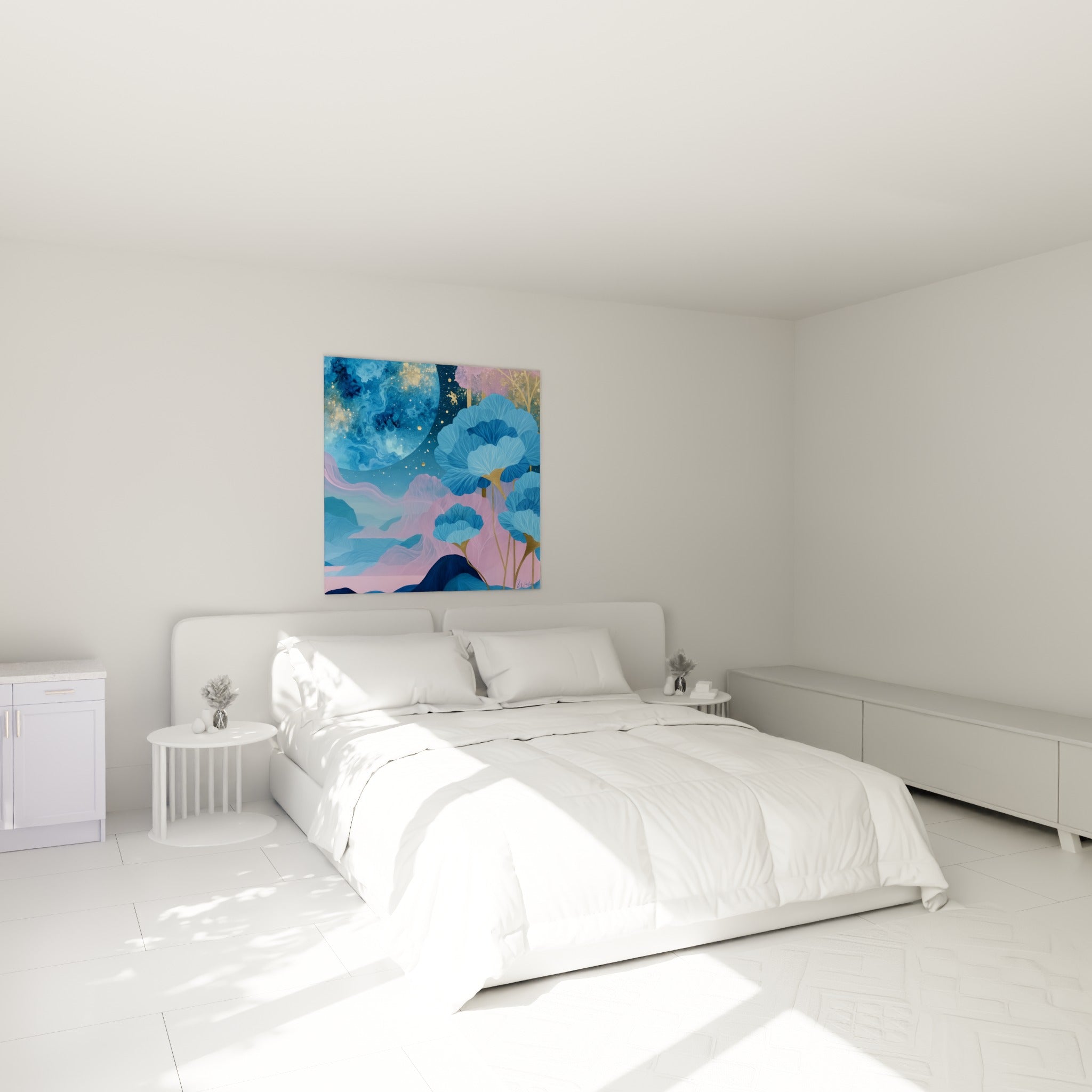 Fleurs bleu ciel et planète dorée d'un paysage onirique, au-dessus d'un lit dans une chambre claire
