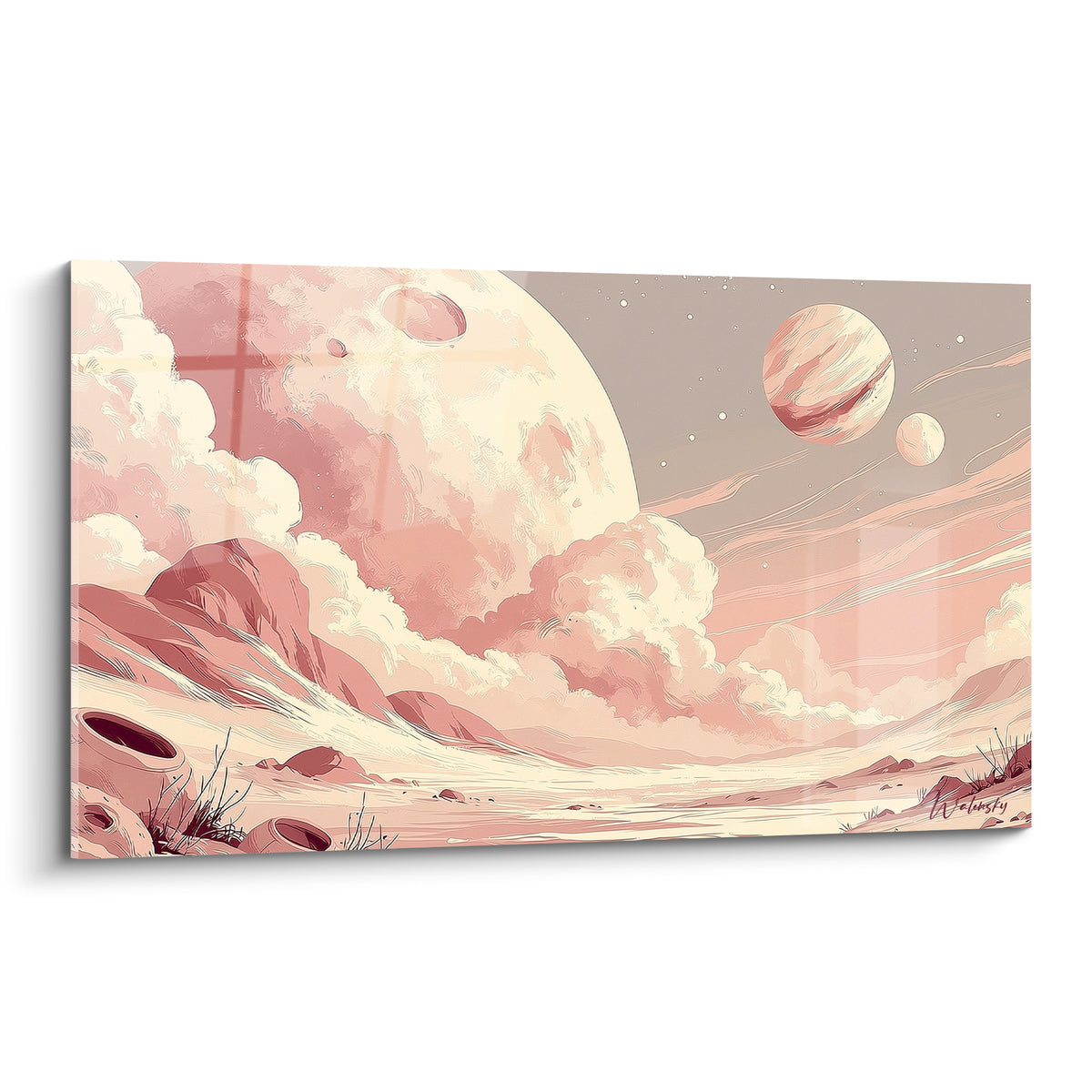 Astre planète beige nacré et rose poudré dominant un paysage lunaire illustré