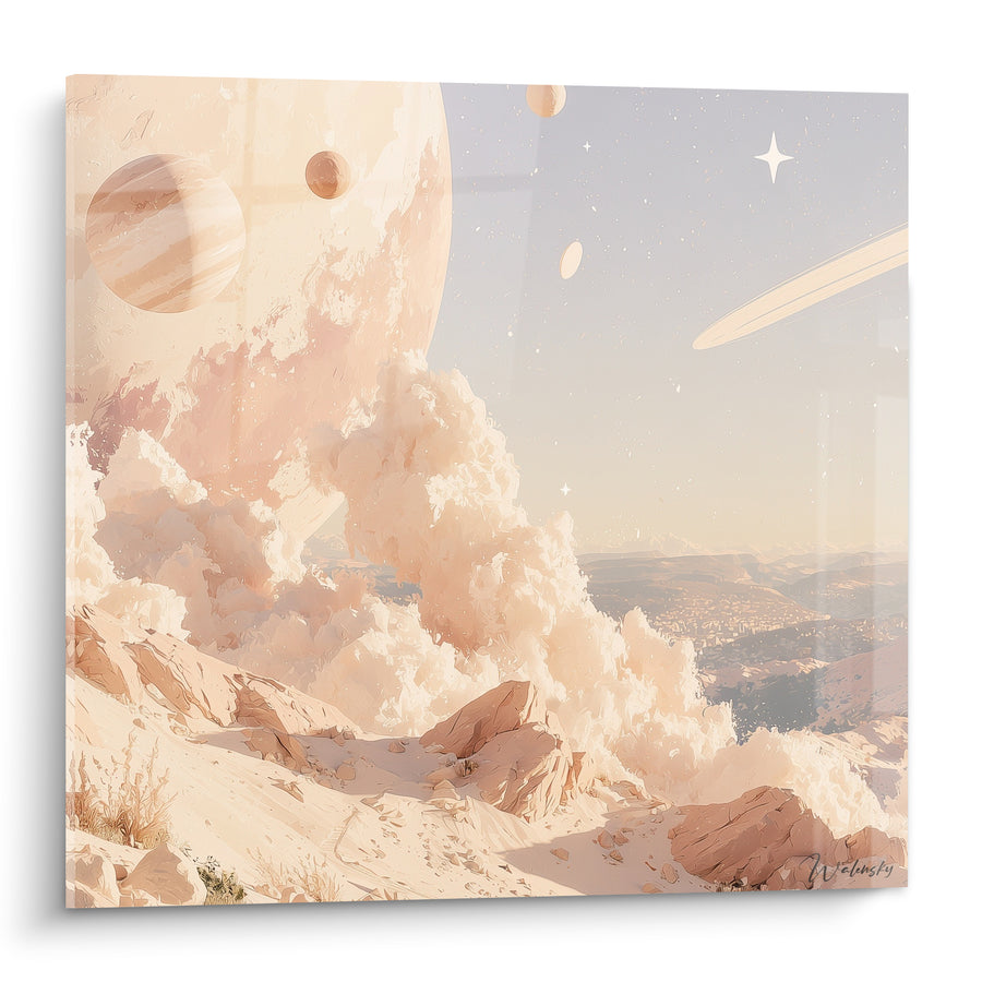 Dipinto Paesaggio cosmico roccioso beige e rosa cipria - Sogno interstellare - Edizione Pianeta