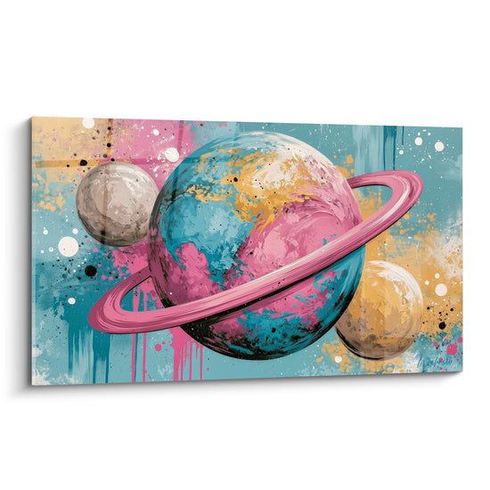 Planète rose et turquoise aux anneaux éclaboussés, entourée de deux lunes, style pop art expressif