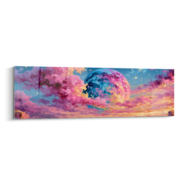 Tableau Planète bleue et rose aux nuées cotonneuses - Ciel étoilé doré - Edition Planète