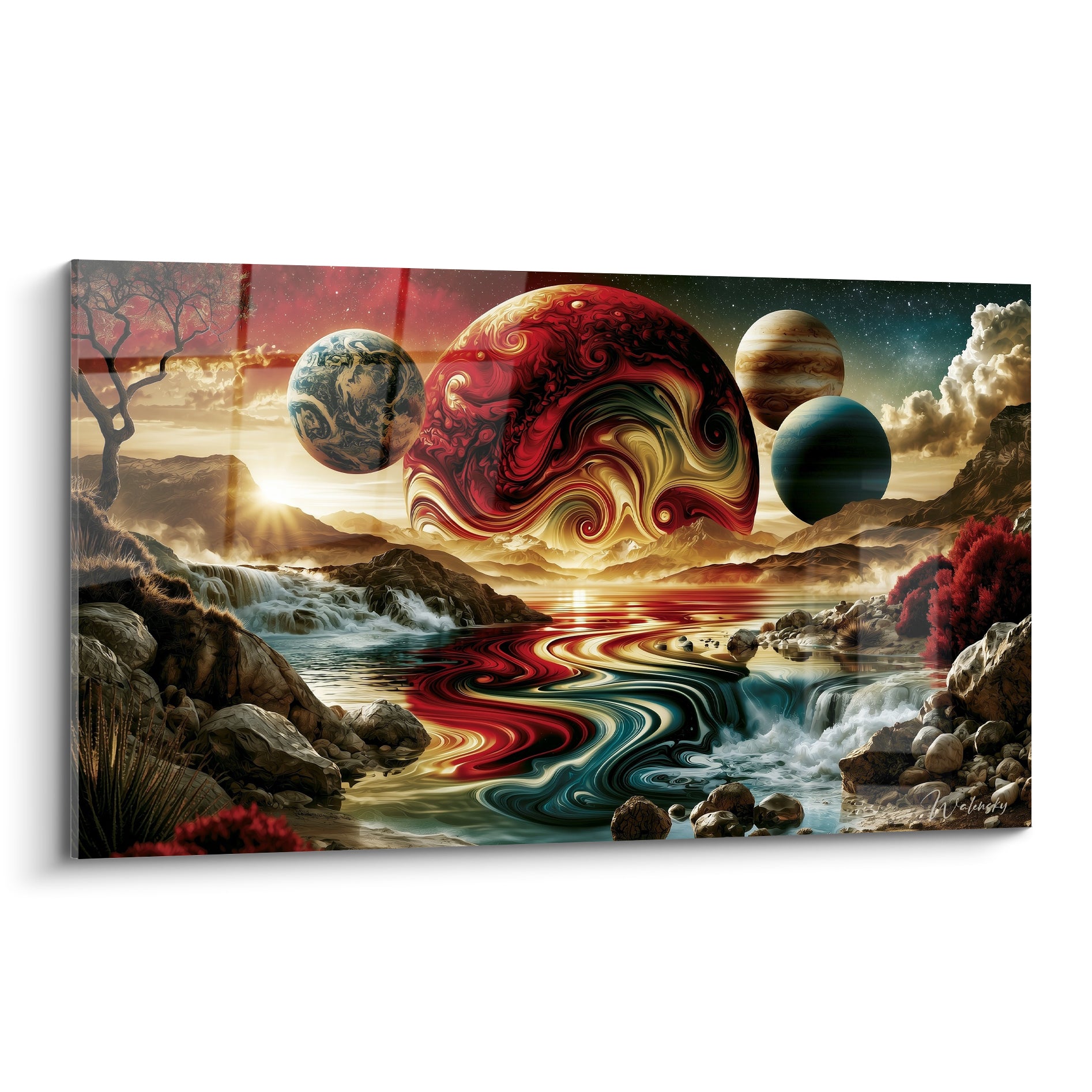 Planète rouge et dorée tourbillonnante au-dessus d'une rivière turquoise et rocheuse étoilée
