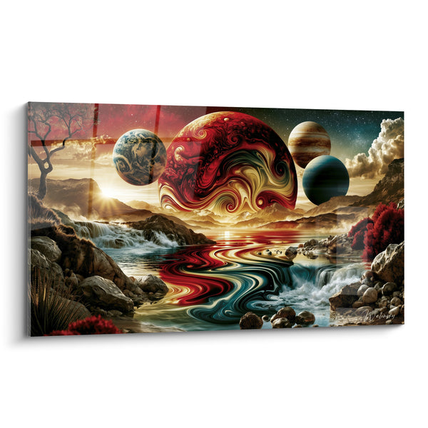 Tableau Planètes tourbillonnantes rouge et dorée sur rivière fantastique - Convergence cosmique - Edition Planète
