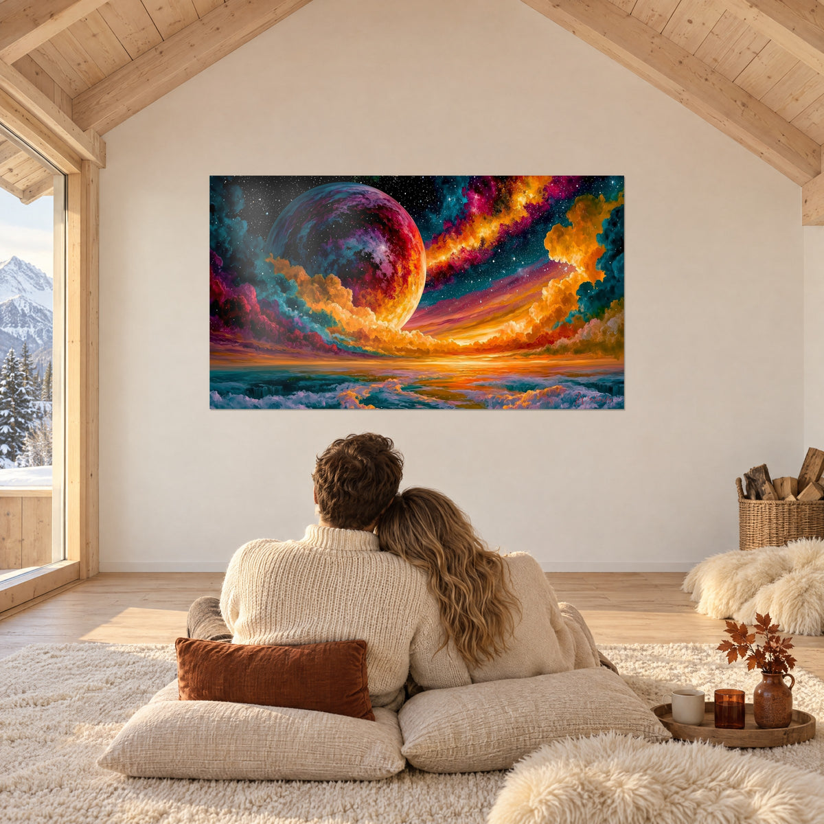 Tableau ciel de feu et océan d'écume sur planète carmin, étoiles blanches, couple de dos enlacé sur des coussins crème dans un chalet