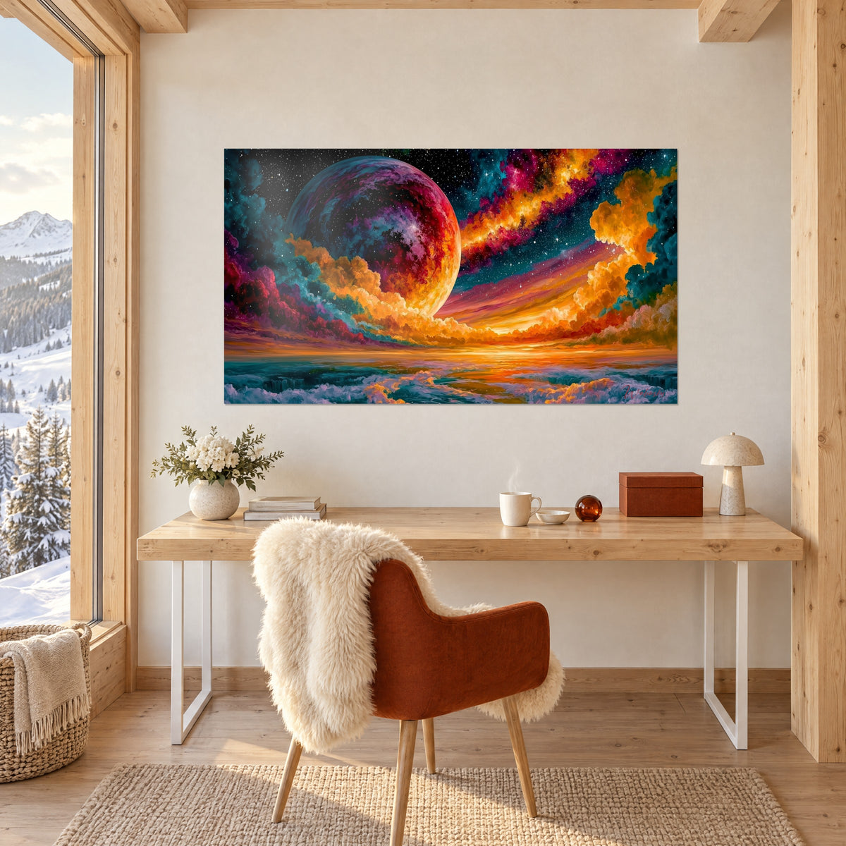 Tableau paysage cosmique aux nuages ambre et bleu pétrole, planète rubis à gauche, face à un bureau en bois clair près d'une fenêtre