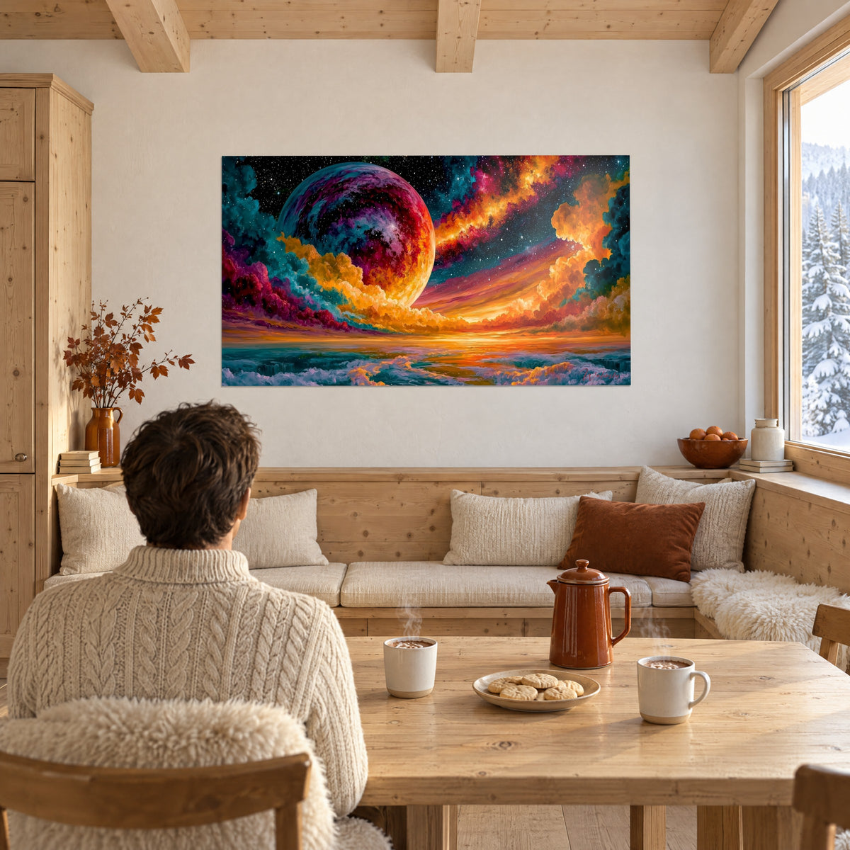 Tableau lune rouge et violette dominant une houle blanche, nuages jaune orangé, un homme de dos attablé près d'une fenêtre sur la neige