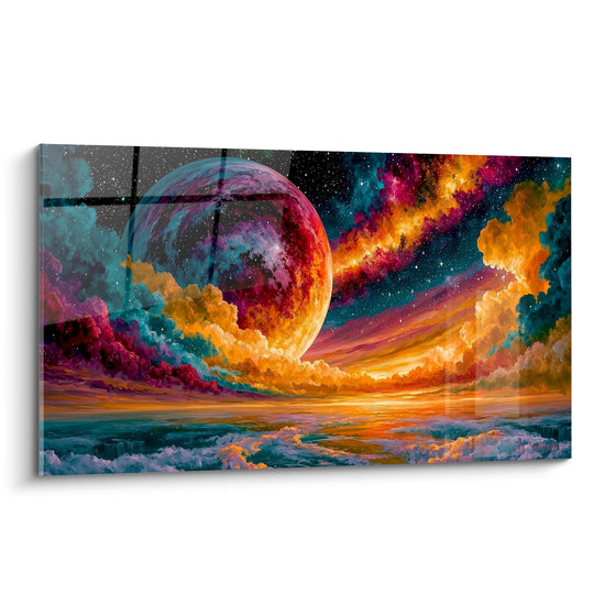 Tableau Planète rouge et turquoise sur mer déchaînée - Vagues d'écume violette - Edition Planète