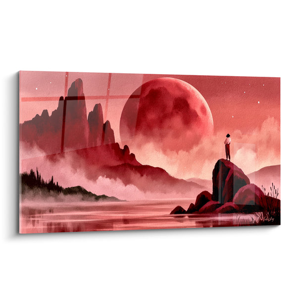 Dipinto Silhouette appollaiata su roccia rossa e rosa nebbiosa - Scogliere e nebbia fluttuante - Edizione Pianeta