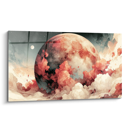 Planète terracotta enveloppée de nuages crème sur fond anthracite étoilé, effet aquarelle vaporeux