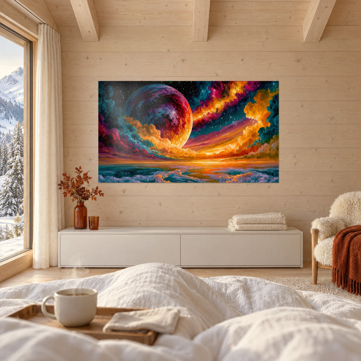 Tableau monde écarlate et mer turquoise sous une voie lactée orangée, une personne de dos, au-dessus d'un lit dans une chambre claire