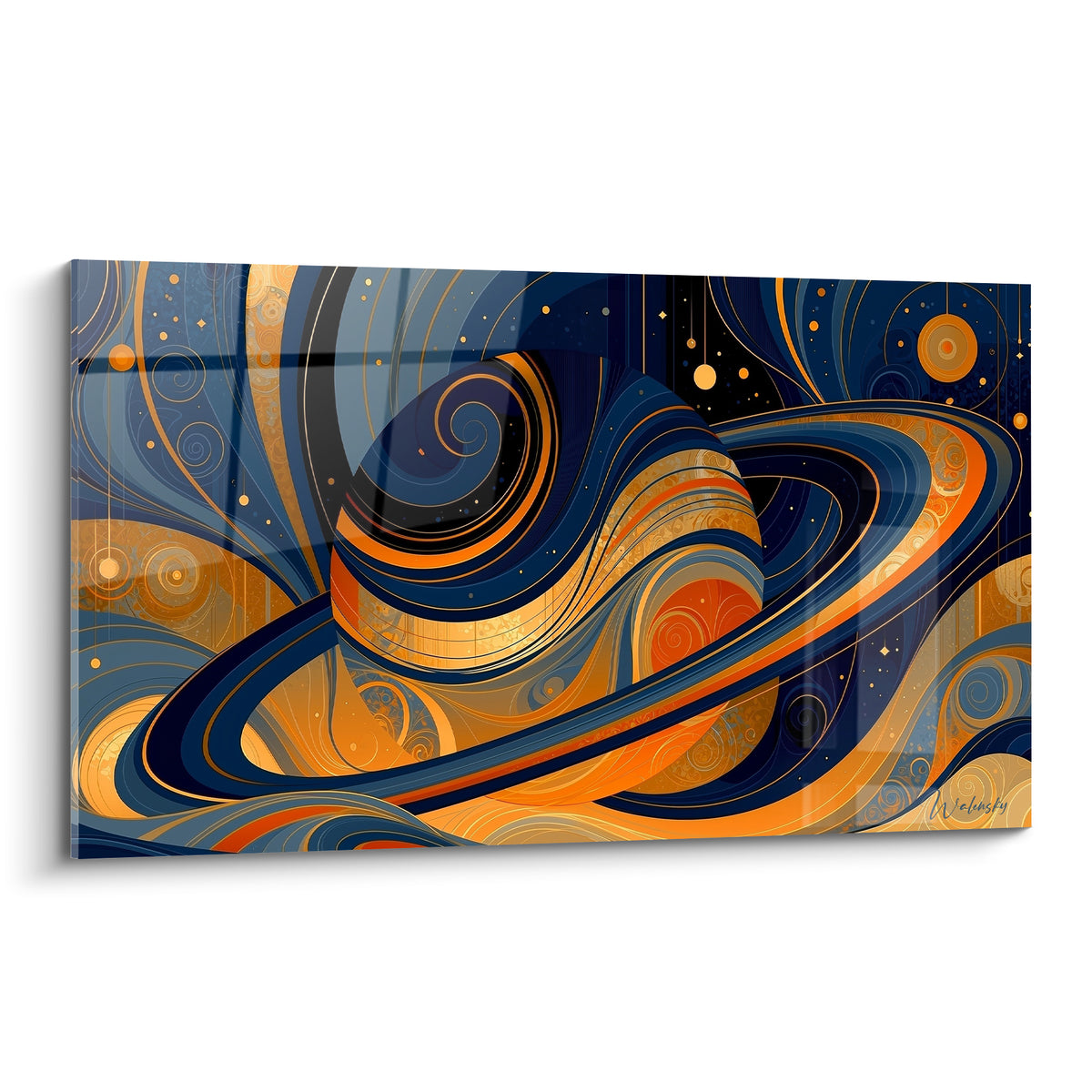 Saturne aux anneaux bleu marine et orange se déploie en spirales graphiques hypnotiques