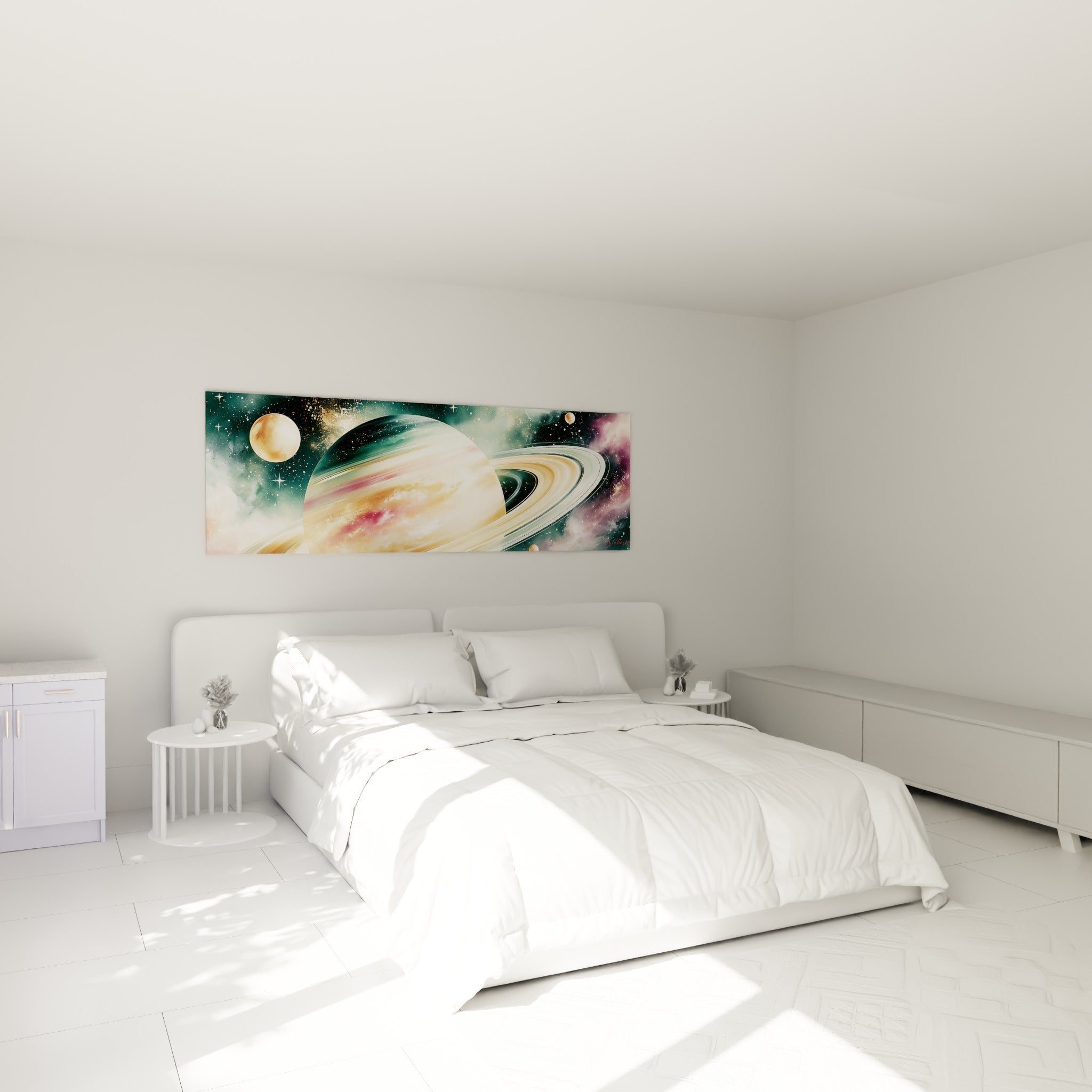 Planète dorée et rosée aux anneaux lumineux accrochée au-dessus d'un lit dans une chambre claire