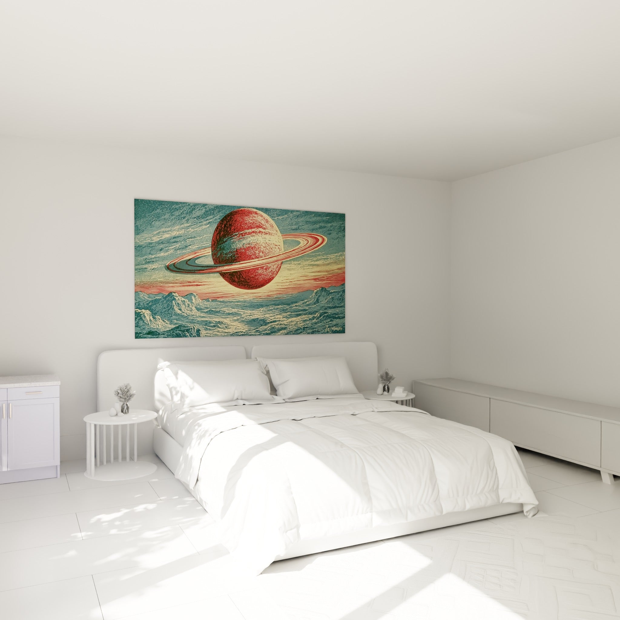 Planète Saturne rouge et bleu pétrole aux anneaux ocre, au-dessus d'un lit dans une chambre claire