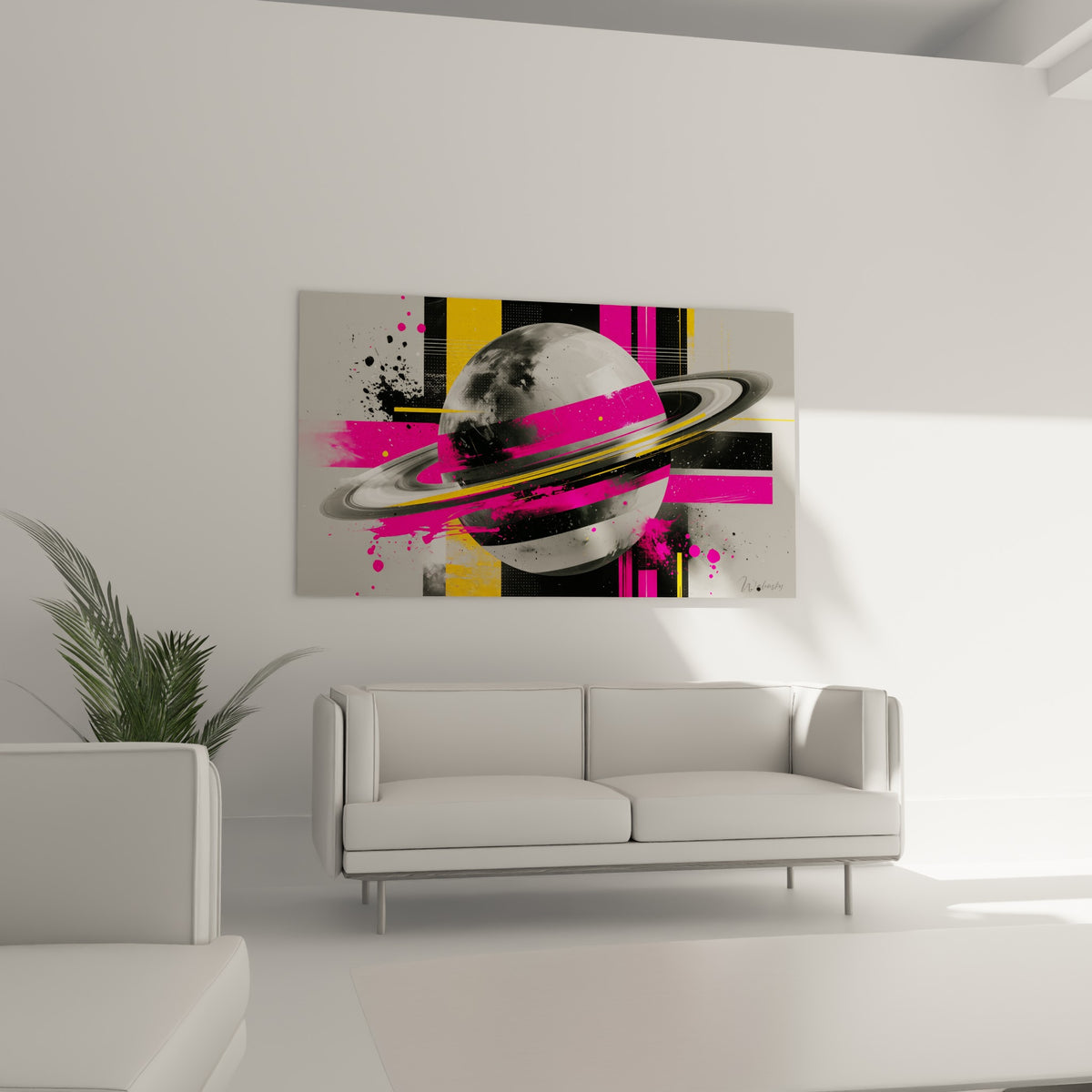 Sphère planétaire grise striée de rose fuchsia et de noir, suspendue au-dessus d'un canapé dans un salon lumineux