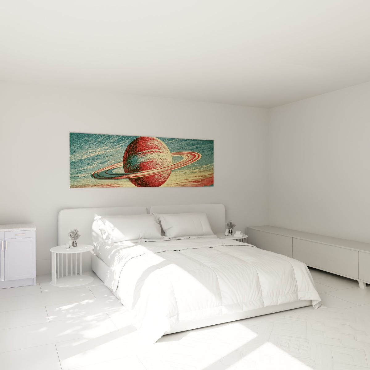 Planète Saturne ocre et bleu anthracite, anneaux dorés, au-dessus d'un lit dans une chambre claire