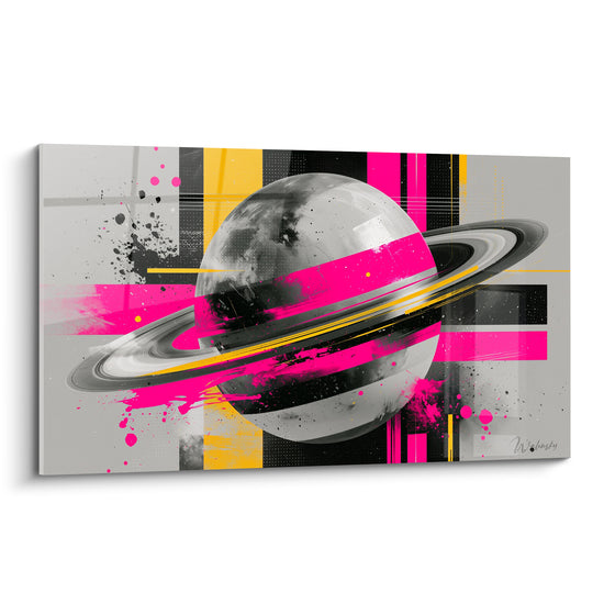 Saturne grise aux anneaux traversés d'éclaboussures roses fuchsia et de bandes jaunes graphiques