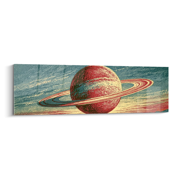 Tableau Sphère rouge et bleu pétrole aux anneaux crayeux - Gravure vintage texturée - Edition Planète