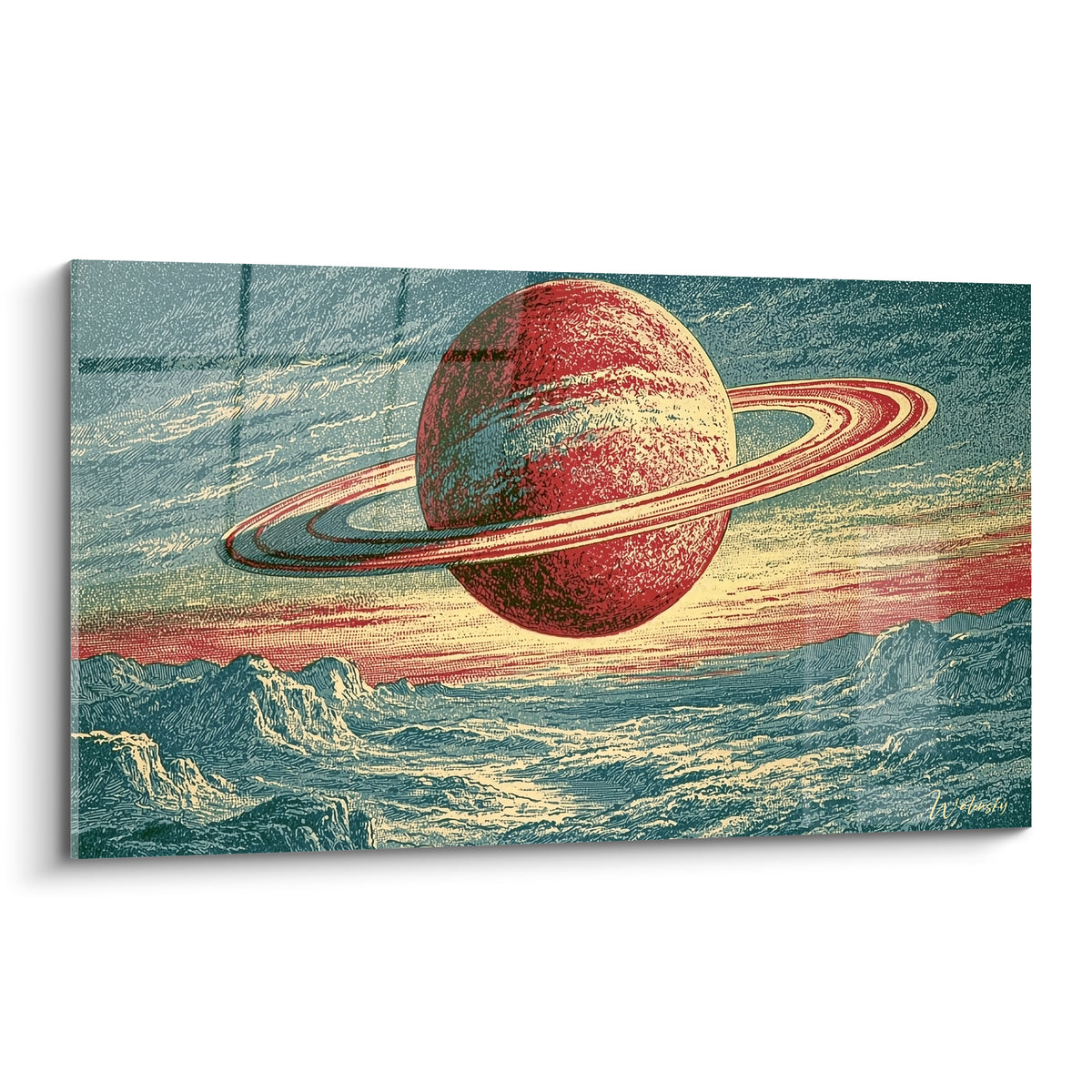 Saturne rouge terracotta et anneaux ocre se lèvent sur un ciel bleu pétrole gravé