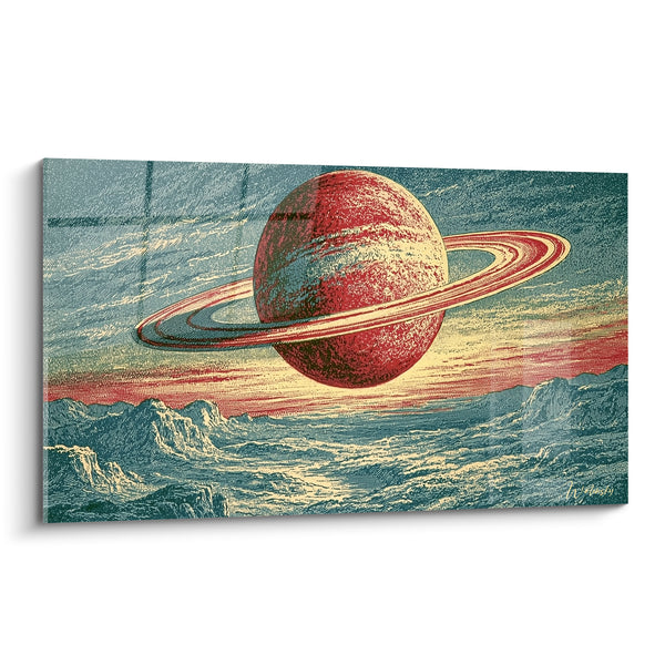 Tableau Planète rouge et bleu pétrole aux anneaux crème - Montagnes rocheuses gravées - Edition Planète