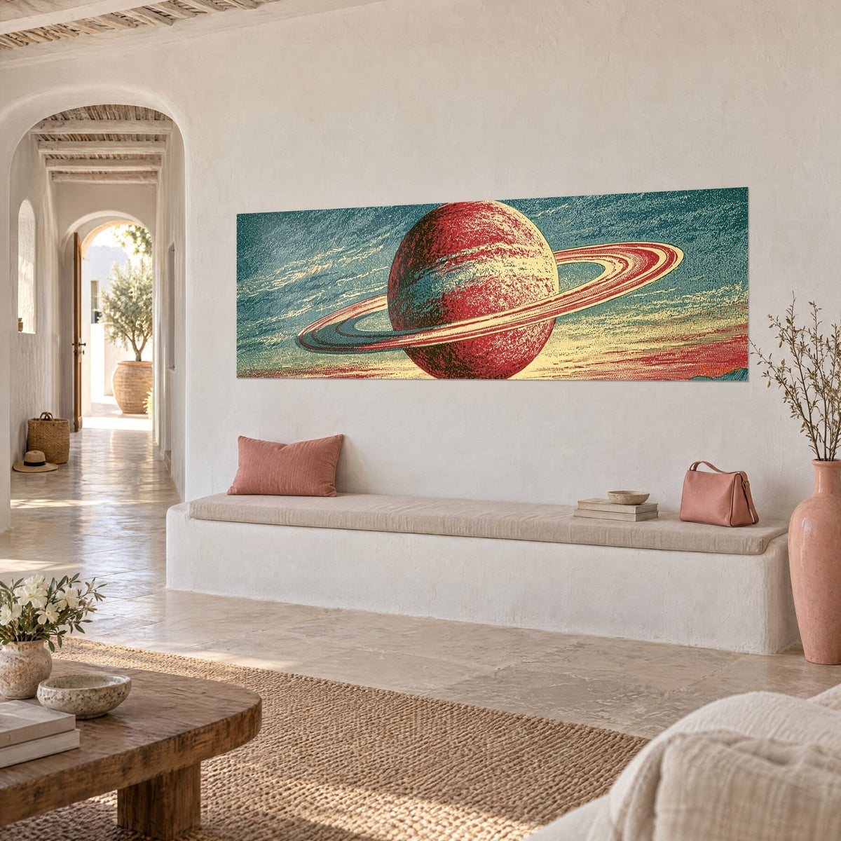 Wall art striped globe in red and ochre, wide cream ring on duck-blue background, white wall of a Mediterranean house in three-quarter view