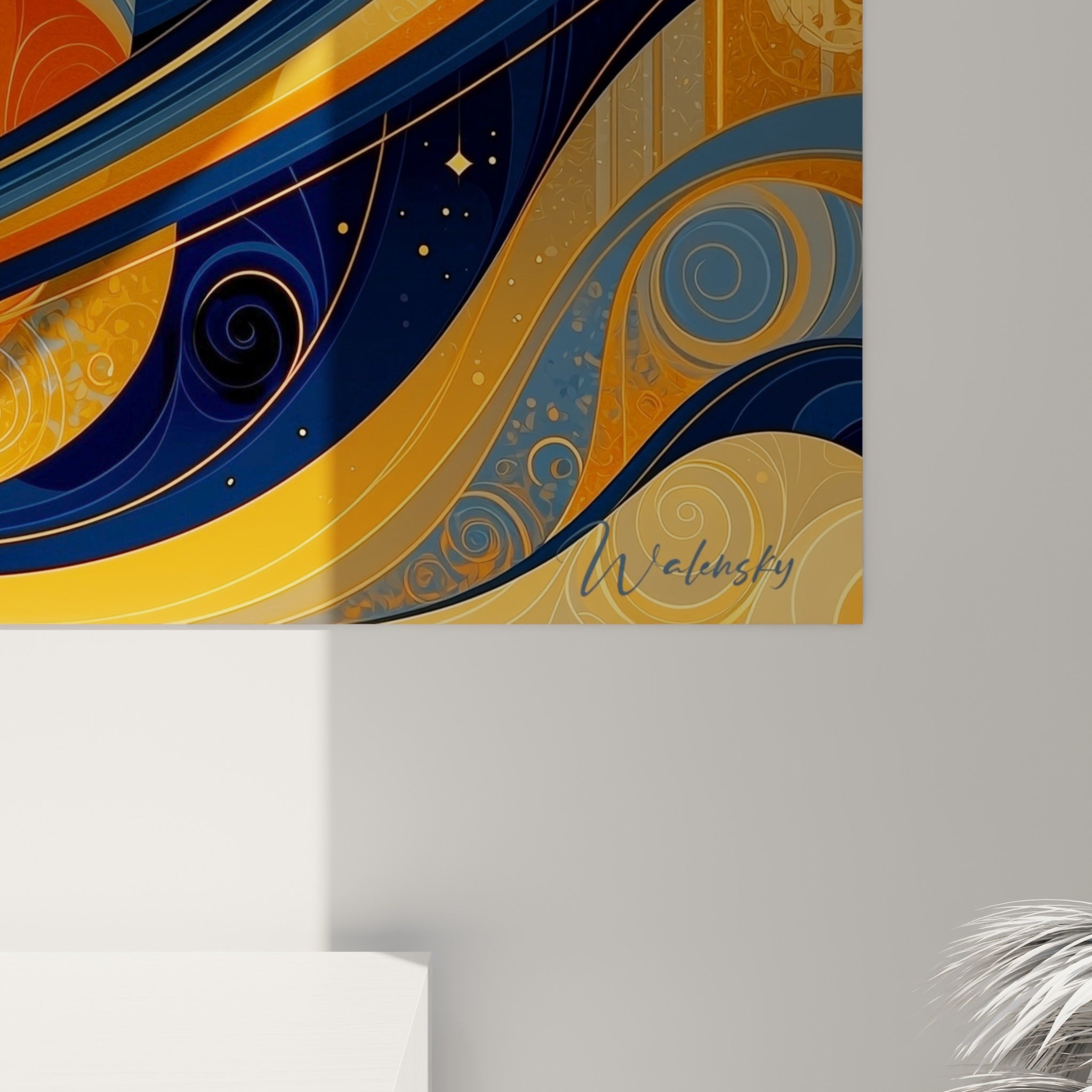 Les empâtements dorés et les coulures bleu marine des anneaux de Saturne se touchent en détail