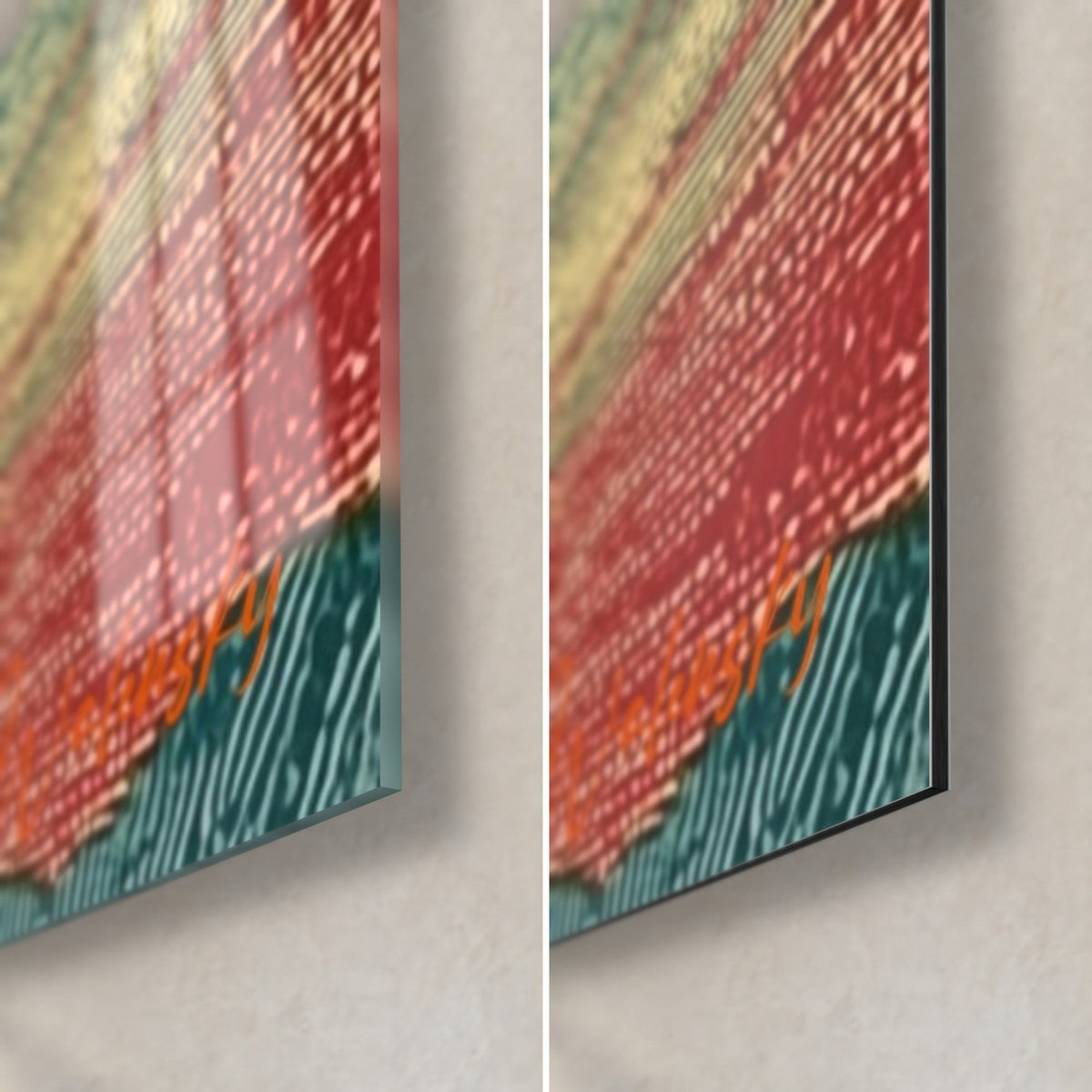 Wall art engraved Saturn, bottom right corner: orange-red and petrol blue, glossy acrylic glass on the left, matte Dibond on the right