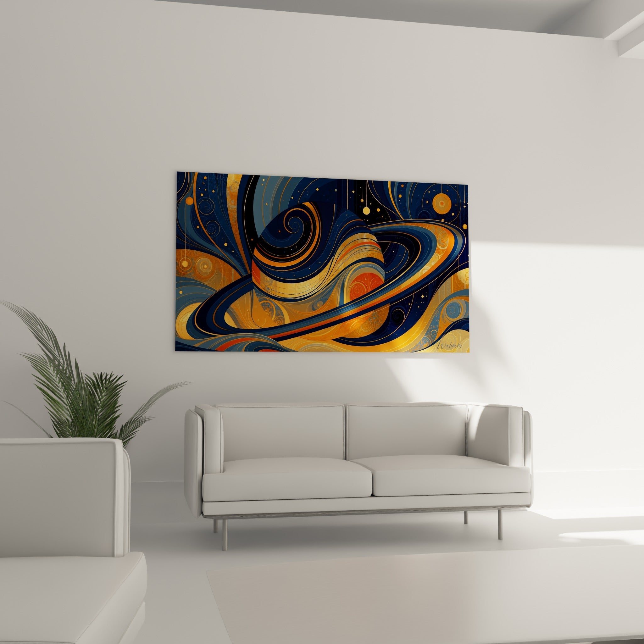 Anneaux orange et bleu nuit de Saturne accrochés au-dessus d'un canapé dans un salon lumineux