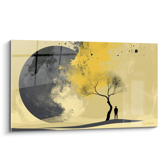 Planète anthracite et arbre doré : silhouette solitaire face à une sphère cosmique éclatante