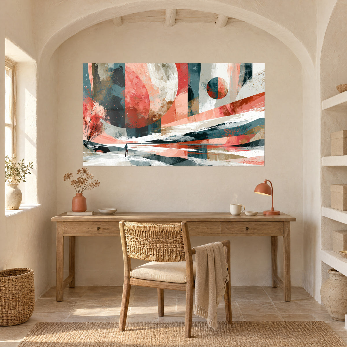 Tableau homme minuscule sous un astre rose pâle et ardoise, arbre corail à gauche, mur blanc d'un bureau en bois clair et lampe rouille