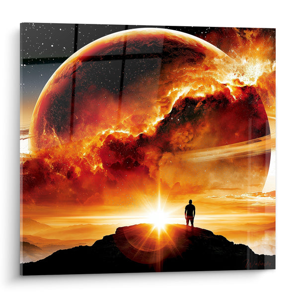 Tableau Silhouette face à une planète embrasée - Face à l'infini - Edition Planète