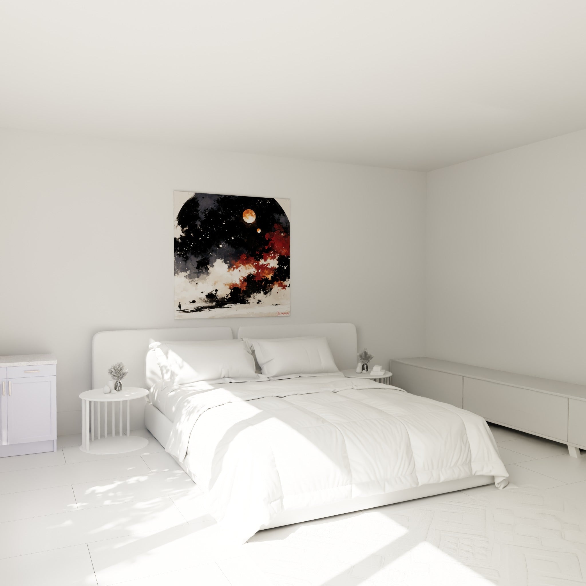 Silhouette marchant sous un ciel rouge et noir étoilé, au-dessus d'un lit dans une chambre claire