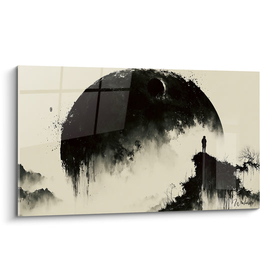Silhouette noire face à une planète encrée aux tons beige sablé et anthracite fissurés