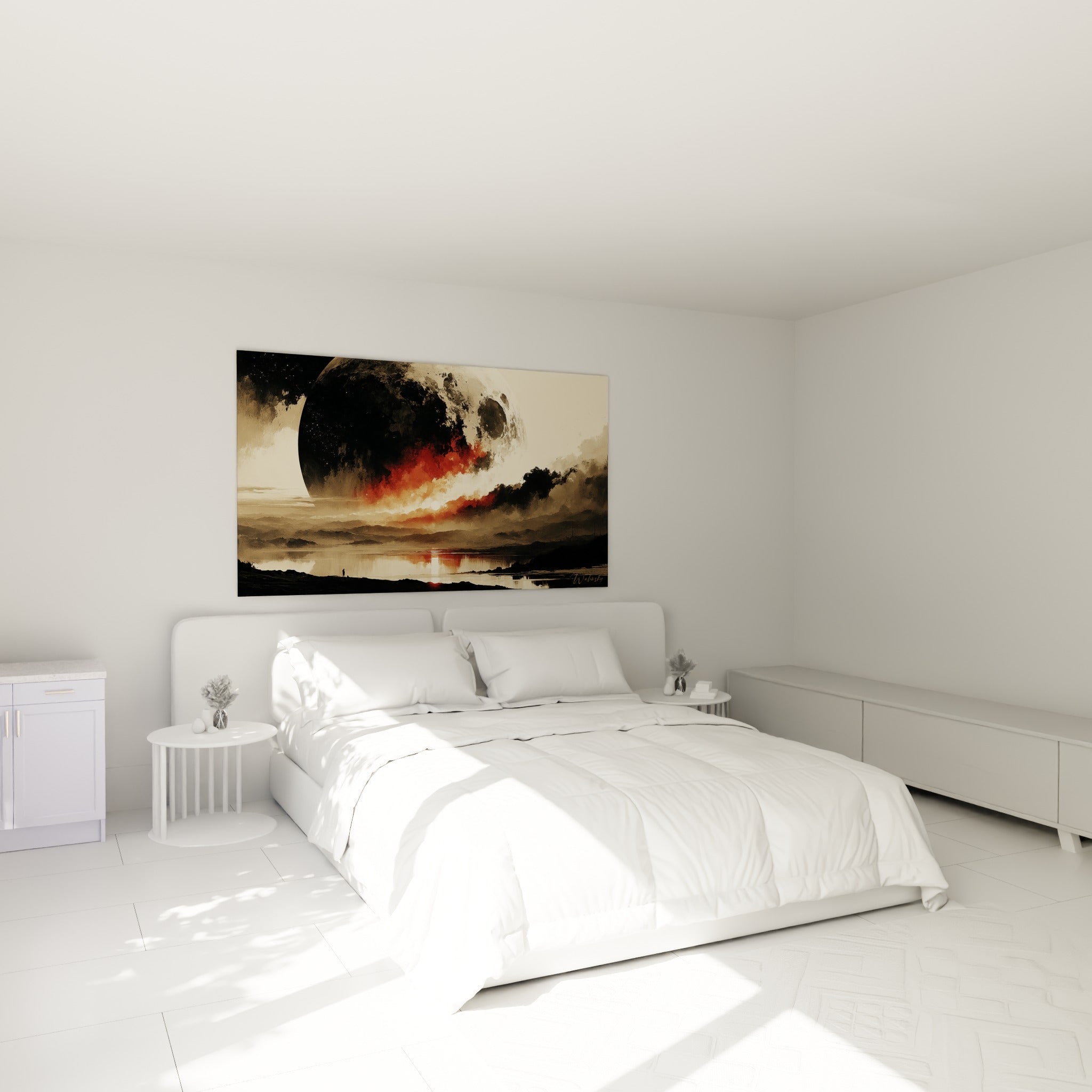 Silhouette contemplant une lune ivoire embrasée de rouge, accrochée au-dessus d'un lit dans une chambre claire.
