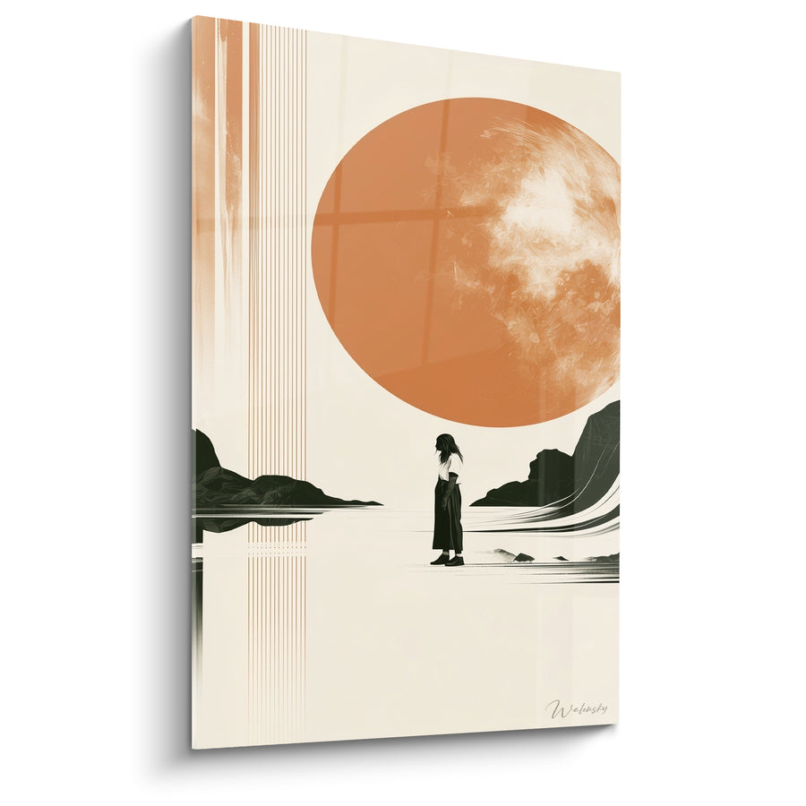 Tableau Silhouette debout devant sphère orange et crème - Rives rocheuses minimalistes - Edition Planète