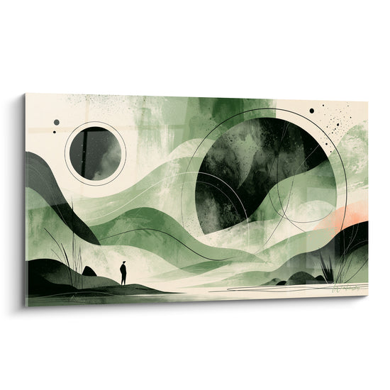 Silhouette noire face à deux sphères vert sauge et anthracite, tableau Planète texture aquarelle