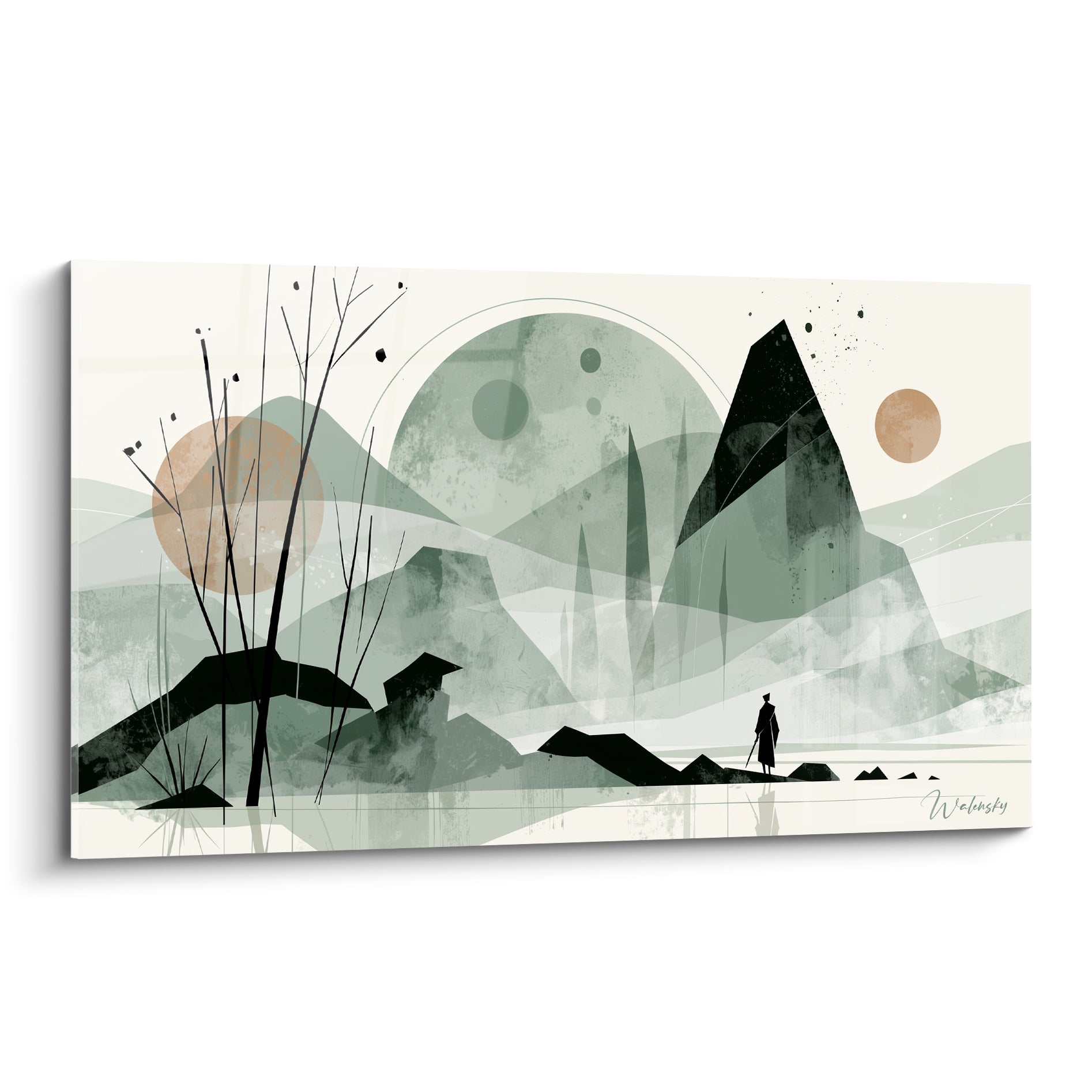 Silhouette anthracite face à des sphères terracotta et montagnes vert sauge, style japonisant