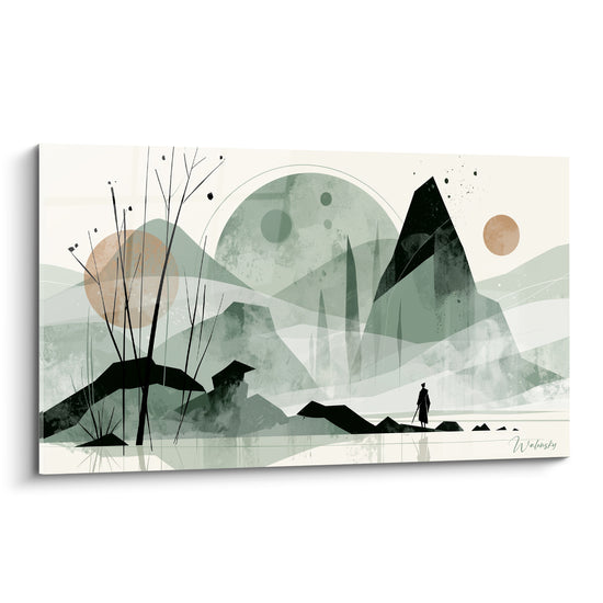 Silhouette anthracite face à des sphères terracotta et montagnes vert sauge, style japonisant
