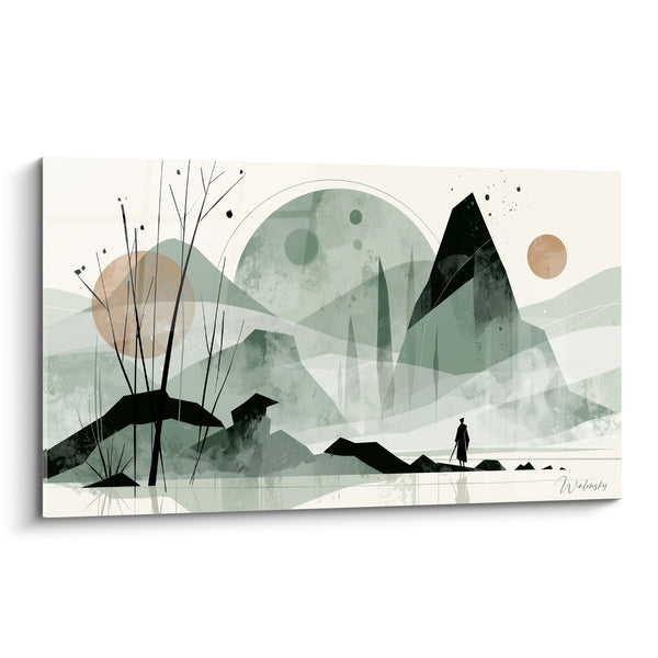 Tableau Silhouette vert sauge et orangé aux roseaux graciles - Voyageur au bâton - Edition Planète